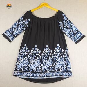 Allison Joy Mini Dress Blue Black Off Shoulder Embroidered Floral Women's Large